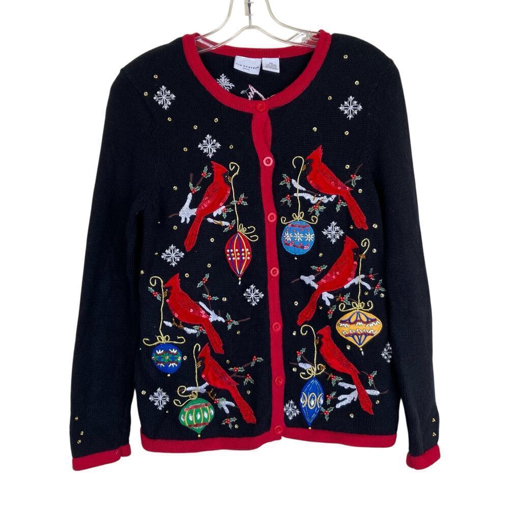 Kim Rogers Sz SP Vtg 90s Knitted Holiday Cardigan Boho Embroidered Beaded
